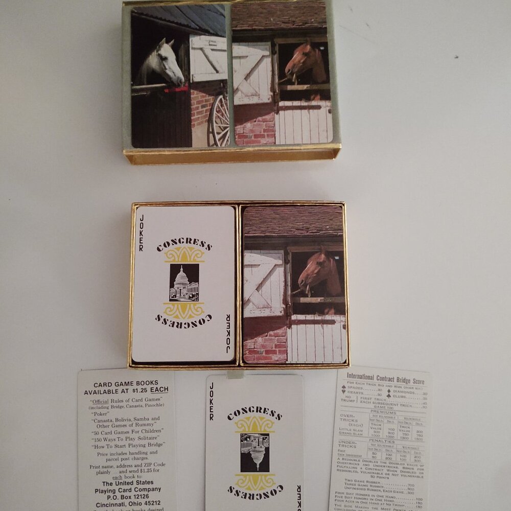 CONGRESS PLAYING CARDS CEL U TONE FINISH 2 DECKS VELVET BOX COUNTRY BARN HORSES